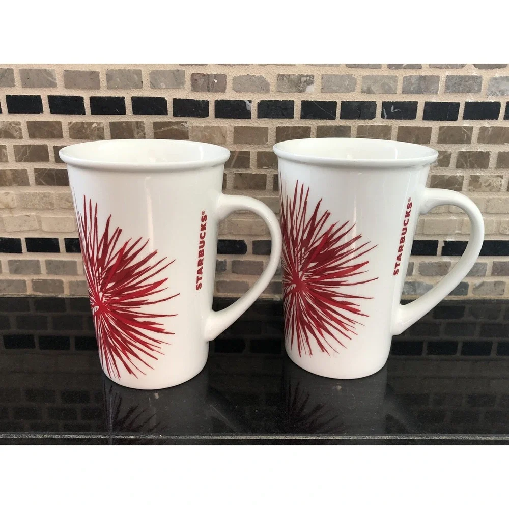 Starbucks Fireworks Coffee‎ Red and White Starburst Coffee Tea Tall Mugs 2014